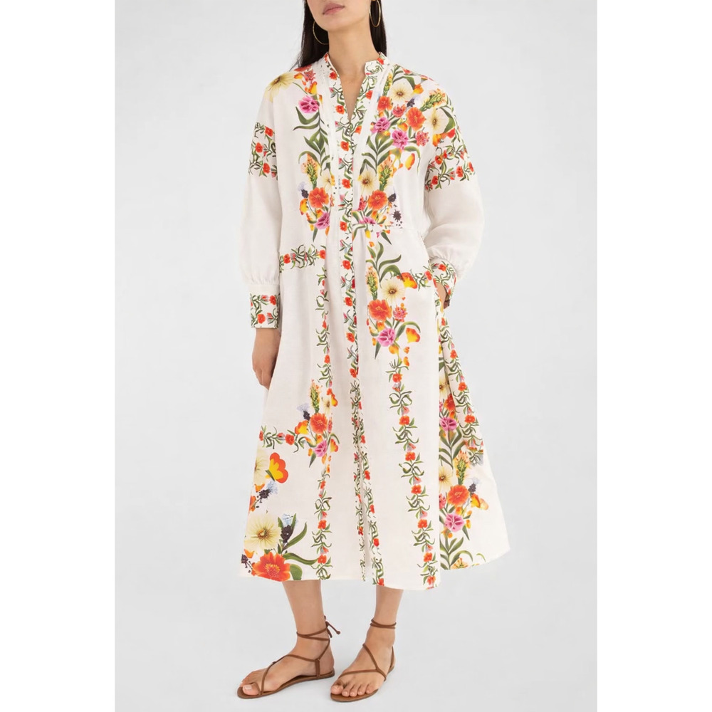 Borgo de Nor Camilla Floral Linen Midi Shirt Dress | Puff Sleeves